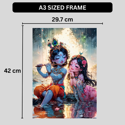 Cute Radha Krishna Poster | Lord Krishna Playing Flute with Radha Wall Art | Devotional Cartoon Style Hindu Poster for Home, Pooja Room & Kids Room | Premium Glossy Prin