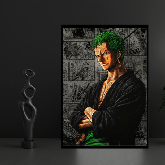 Roronoa Zoro 2D Glossy HD Wall Frame | One Piece Anime Swordsman Artwork | Manga Panel Background Poster | Premium Gloss Finish Wall Decor for Anime Fans