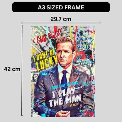 Harvey Specter Quote Wall Poster | “I Don’t Play the Odds, I Play the Man” Motivational Pop Art | Modern Office & Bedroom Wall Decor | Premium Glossy Poster