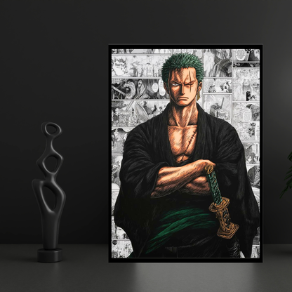 Roronoa Zoro 2D Glossy HD Wall Frame | One Piece Anime Samurai Artwork | Manga Collage Poster | Premium Gloss Finish Wall Decor for Anime Fans
