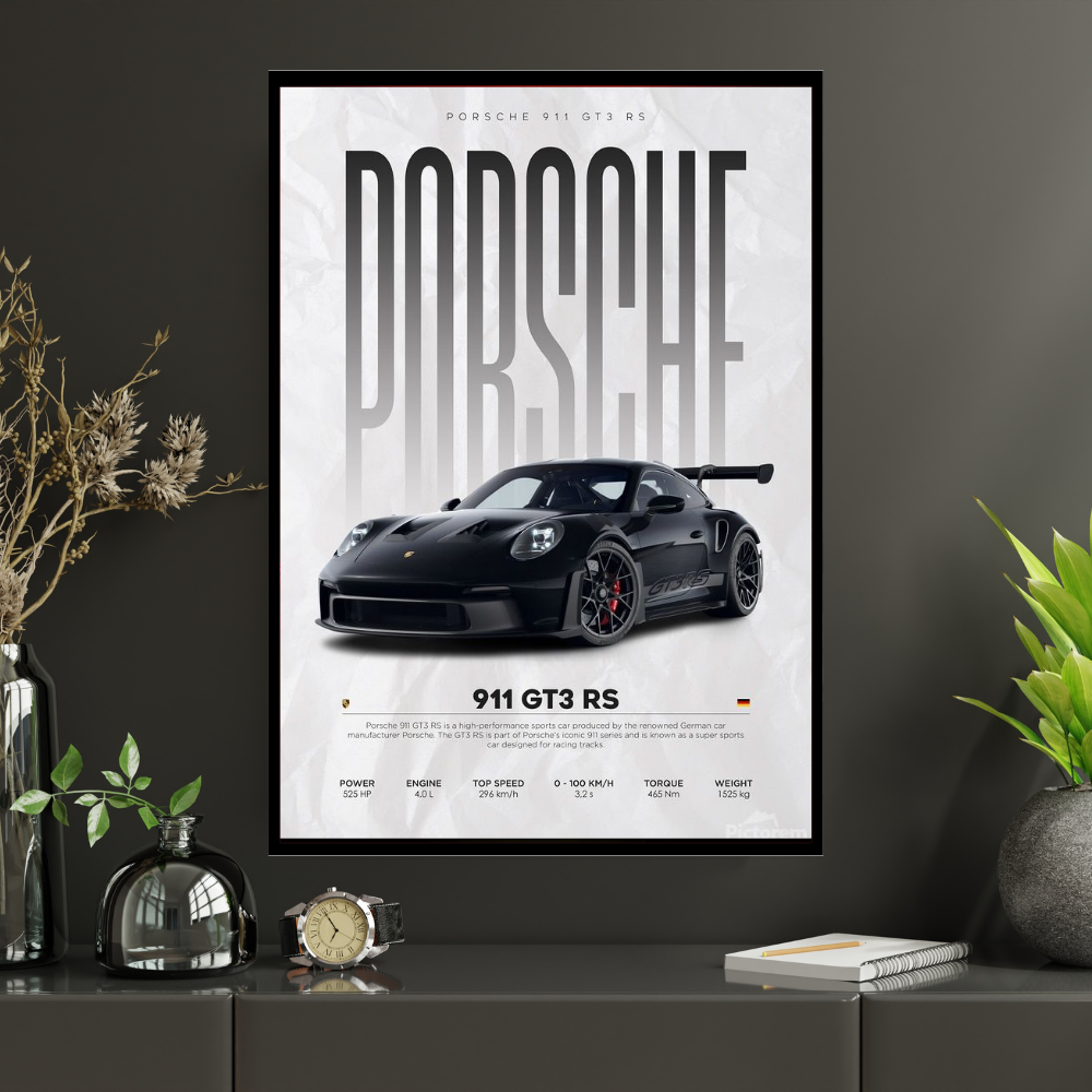 P0RSCHE 911 GT3 RS Inspired 2D Wall Art Frame – A4 Premium High-Gloss Sports Car Poster | Luxury Performance Car Décor for Home, Office & Studio