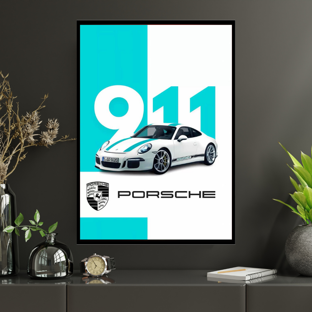 P0RSCHE 911 Sports Car Inspired 2D Wall Art Frame – A4 Size Premium High-Gloss Car Poster | Luxury Automotive Décor for Home, Office & Studio