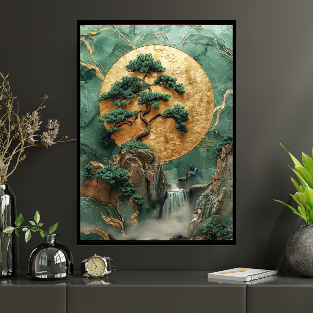 Zen Tree of Life 2D Wall Art Frame – A4 Premium High Gloss Nature Landscape Poster | Japanese Inspired Bonsai, Waterfall & Gold Moon Luxury Home Décor