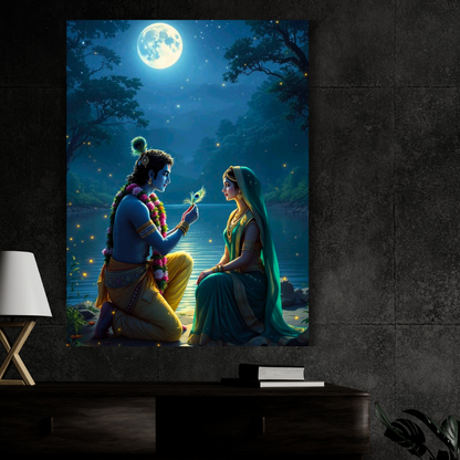 Radha Krishna Moonlight Poster | Lord Krishna & Radha Romantic Wall Art | Spiritual Hindu Devotional Poster for Home, Mandir & Bedroom | Premium Glossy Print