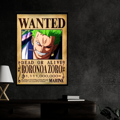 Roronoa Zoro Wanted Poster Wall Art 2D Framed | One Piece Anime Swordsman Character Bounty Artwork | Dead or Alive Pirate Poster | HD High Gloss Finish | Premium Wall Frame for Anime Fans