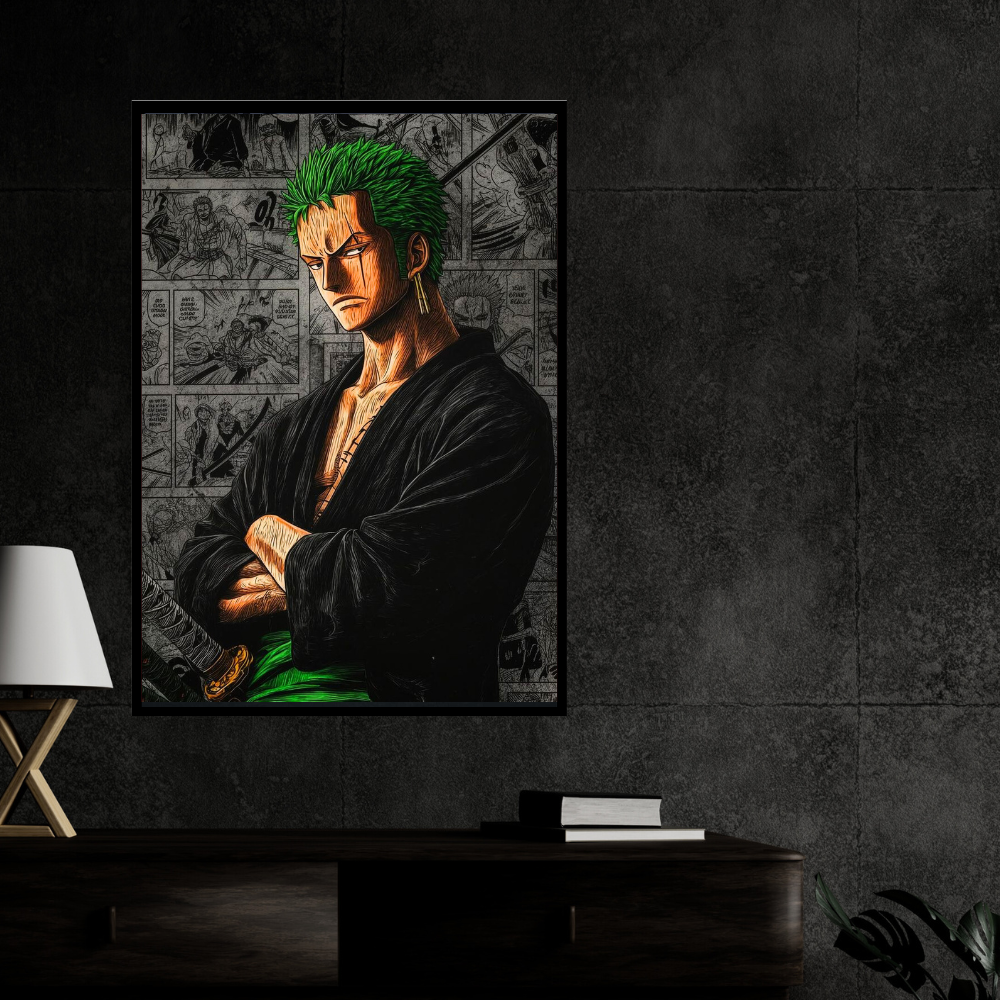 Roronoa Zoro 2D Glossy HD Wall Frame | One Piece Anime Swordsman Artwork | Manga Panel Background Poster | Premium Gloss Finish Wall Decor for Anime Fans