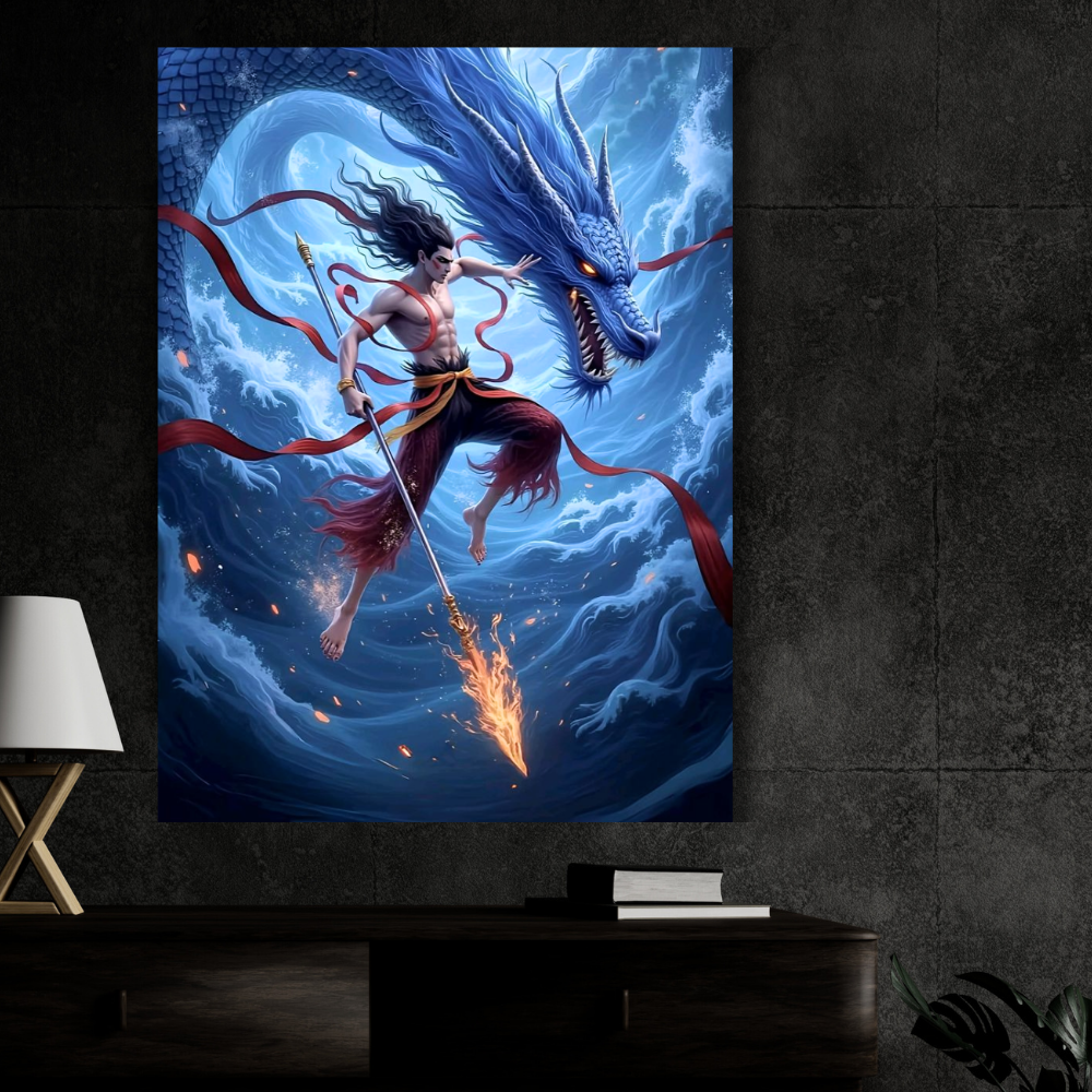 Mythological Warrior & Dragon Wall Poster | Premium Glossy Fantasy Wall Art for Bedroom, Gaming Room & Office | High Quality Print