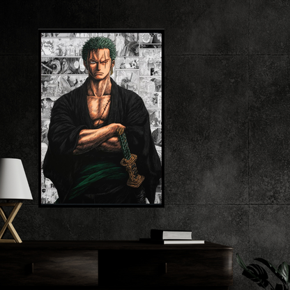 Roronoa Zoro 2D Glossy HD Wall Frame | One Piece Anime Samurai Artwork | Manga Collage Poster | Premium Gloss Finish Wall Decor for Anime Fans