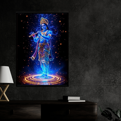 Lord Krishna Playing Flute Cosmic Wall Art | HD Glossy 2D Frame | Divine Krishna Spiritual Poster for Home Mandir, Living Room & Meditation Space