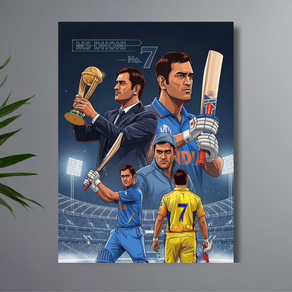 MS Dhoni No. 7 Cricket Wall Poster | Premium Glossy Indian Cricket Legend Wall Art for Bedroom & Office | High Quality Print