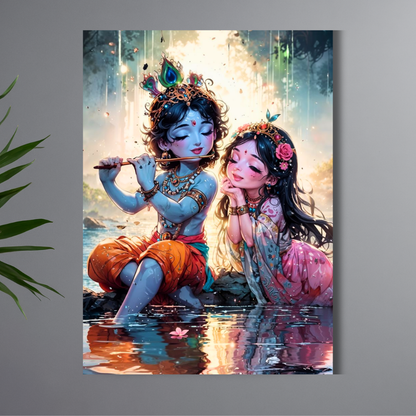 Cute Radha Krishna Poster | Lord Krishna Playing Flute with Radha Wall Art | Devotional Cartoon Style Hindu Poster for Home, Pooja Room & Kids Room | Premium Glossy Prin