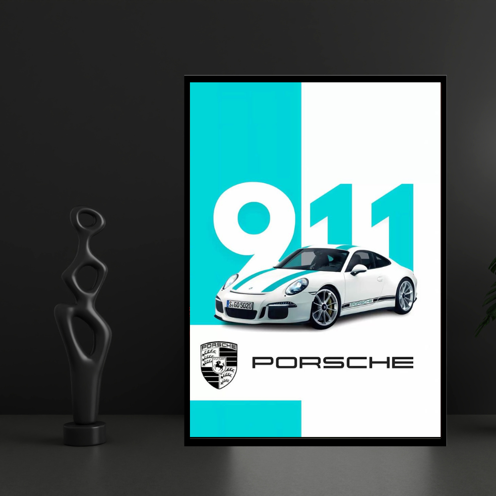 P0RSCHE 911 Sports Car Inspired 2D Wall Art Frame – A4 Size Premium High-Gloss Car Poster | Luxury Automotive Décor for Home, Office & Studio
