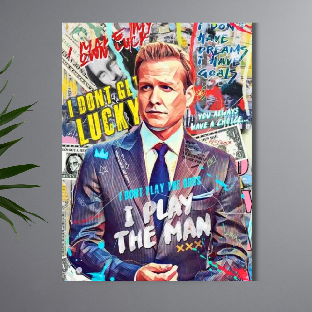 Harvey Specter Quote Wall Poster | “I Don’t Play the Odds, I Play the Man” Motivational Pop Art | Modern Office & Bedroom Wall Decor | Premium Glossy Poster