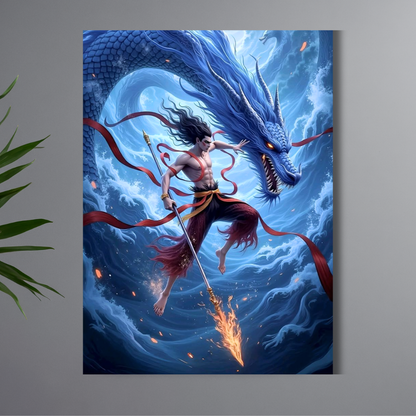 Mythological Warrior & Dragon Wall Poster | Premium Glossy Fantasy Wall Art for Bedroom, Gaming Room & Office | High Quality Print