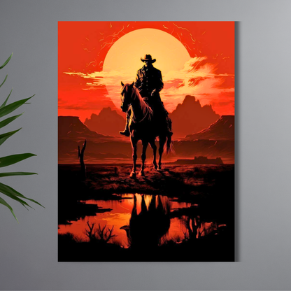 Western Cowboy Sunset Poster | Vintage Cowboy Wall Art | Wild West Horse Rider Poster for Bedroom, Office & Gaming Room | Premium Glossy Wall Poster