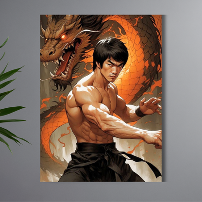 Bruce Lee Martial Arts Wall Poster with Dragon | Premium Glossy Kung Fu Wall Art for Bedroom, Gym & Office | High Quality Print