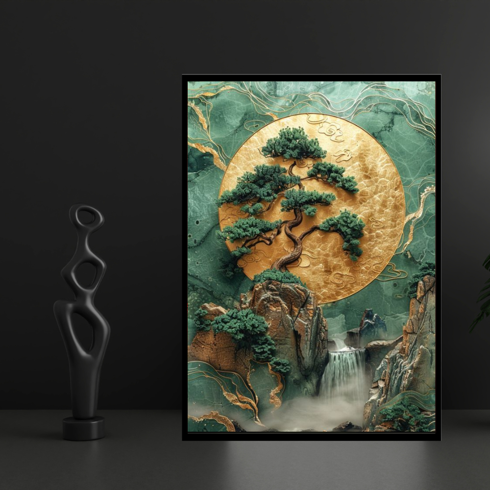 Zen Tree of Life 2D Wall Art Frame – A4 Premium High Gloss Nature Landscape Poster | Japanese Inspired Bonsai, Waterfall & Gold Moon Luxury Home Décor