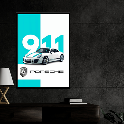 P0RSCHE 911 Sports Car Inspired 2D Wall Art Frame – A4 Size Premium High-Gloss Car Poster | Luxury Automotive Décor for Home, Office & Studio