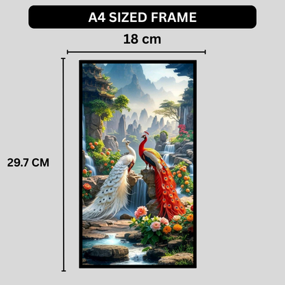 Royal Twin Peacock Waterfall Wall Art A4 Premium 2D Glossy Frame – HD Nature Landscape Poster with Mountains & Floral Garden | Luxury Decorative Artwork for Living Room, Bedroom & Office