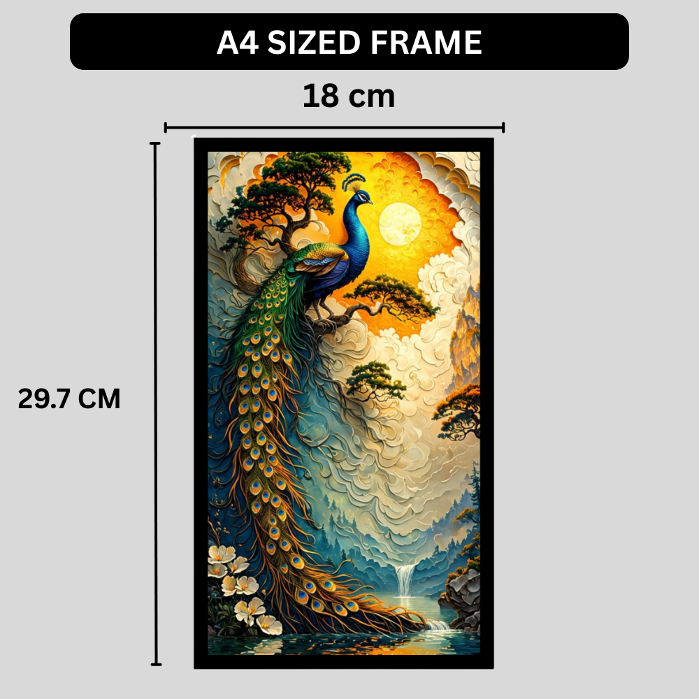 Majestic Peacock Nature Wall Art A4 2D Premium Glossy Frame – HD Landscape Poster with Waterfall & Golden Sunset | Luxury Bird Artwork for Living Room, Bedroom & Office Décor