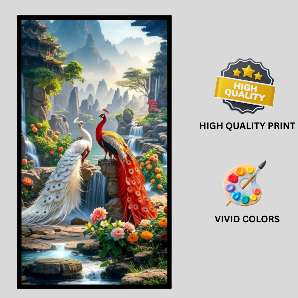 Royal Twin Peacock Waterfall Wall Art A4 Premium 2D Glossy Frame – HD Nature Landscape Poster with Mountains & Floral Garden | Luxury Decorative Artwork for Living Room, Bedroom & Office