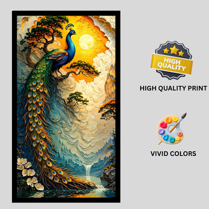 Majestic Peacock Nature Wall Art A4 2D Premium Glossy Frame – HD Landscape Poster with Waterfall & Golden Sunset | Luxury Bird Artwork for Living Room, Bedroom & Office Décor