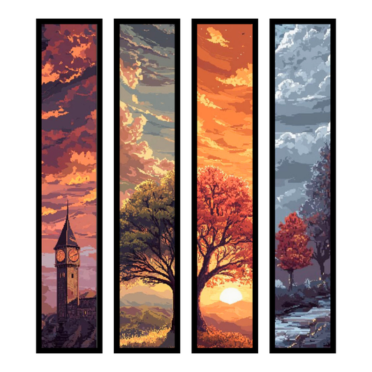 Landscape Wall Art Set of 4 A4 Premium 2D Glossy Framed Posters – Sunset, Autumn Tree, Clock Tower & Nature Sky Artwork | Modern Vertical Panel Wall Décor for Living Room, Bedroom & Office