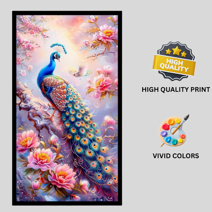Elegant Peacock Floral Wall Art A4 Premium 2D Glossy Frame – HD Bird & Blossom Nature Poster | Luxury Decorative Artwork for Living Room, Bedroom, Office & Home Décor