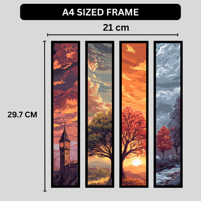 Landscape Wall Art Set of 4 A4 Premium 2D Glossy Framed Posters – Sunset, Autumn Tree, Clock Tower & Nature Sky Artwork | Modern Vertical Panel Wall Décor for Living Room, Bedroom & Office