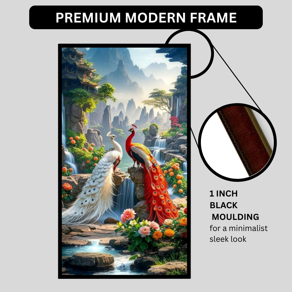 Royal Twin Peacock Waterfall Wall Art A4 Premium 2D Glossy Frame – HD Nature Landscape Poster with Mountains & Floral Garden | Luxury Decorative Artwork for Living Room, Bedroom & Office