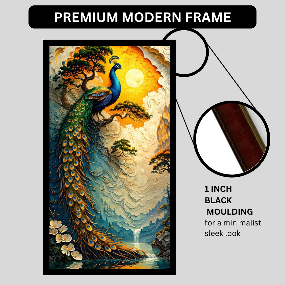Majestic Peacock Nature Wall Art A4 2D Premium Glossy Frame – HD Landscape Poster with Waterfall & Golden Sunset | Luxury Bird Artwork for Living Room, Bedroom & Office Décor