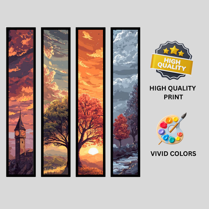 Landscape Wall Art Set of 4 A4 Premium 2D Glossy Framed Posters – Sunset, Autumn Tree, Clock Tower & Nature Sky Artwork | Modern Vertical Panel Wall Décor for Living Room, Bedroom & Office