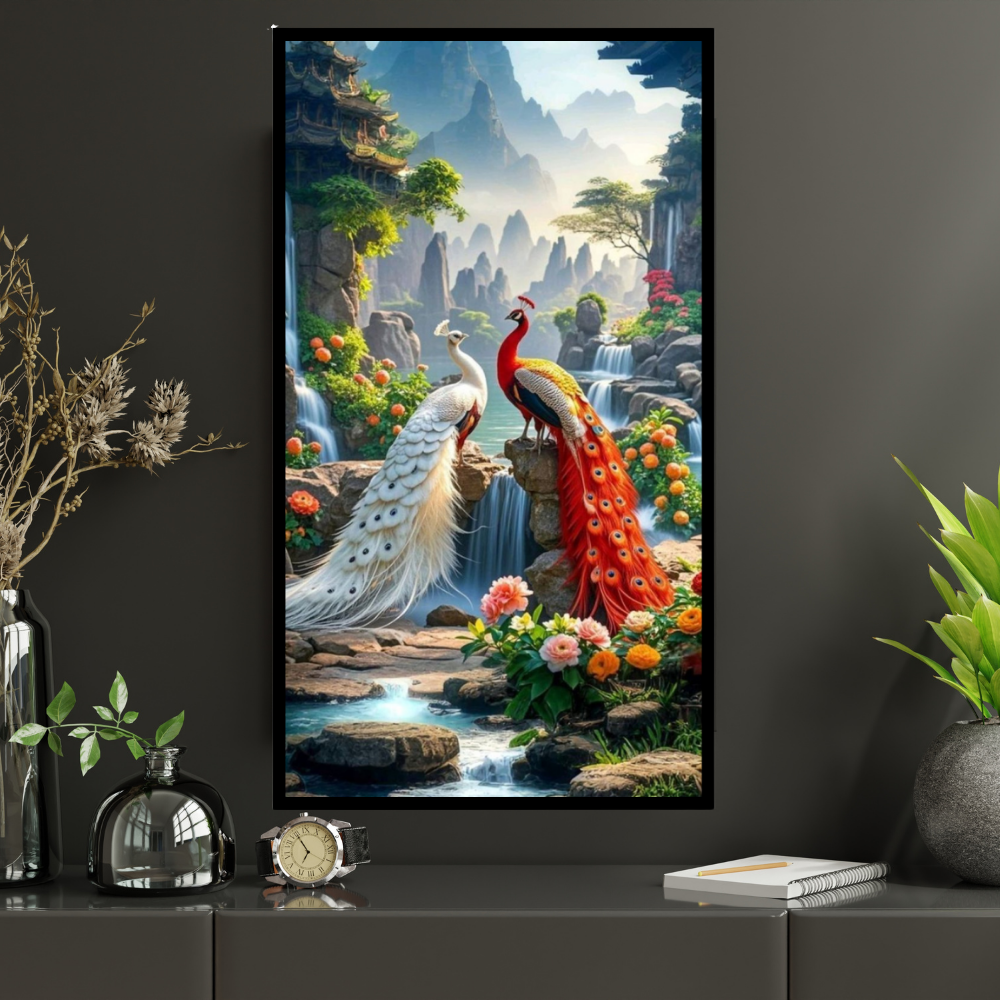 Royal Twin Peacock Waterfall Wall Art A4 Premium 2D Glossy Frame – HD Nature Landscape Poster with Mountains & Floral Garden | Luxury Decorative Artwork for Living Room, Bedroom & Office