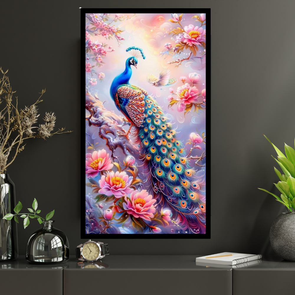Elegant Peacock Floral Wall Art A4 Premium 2D Glossy Frame – HD Bird & Blossom Nature Poster | Luxury Decorative Artwork for Living Room, Bedroom, Office & Home Décor