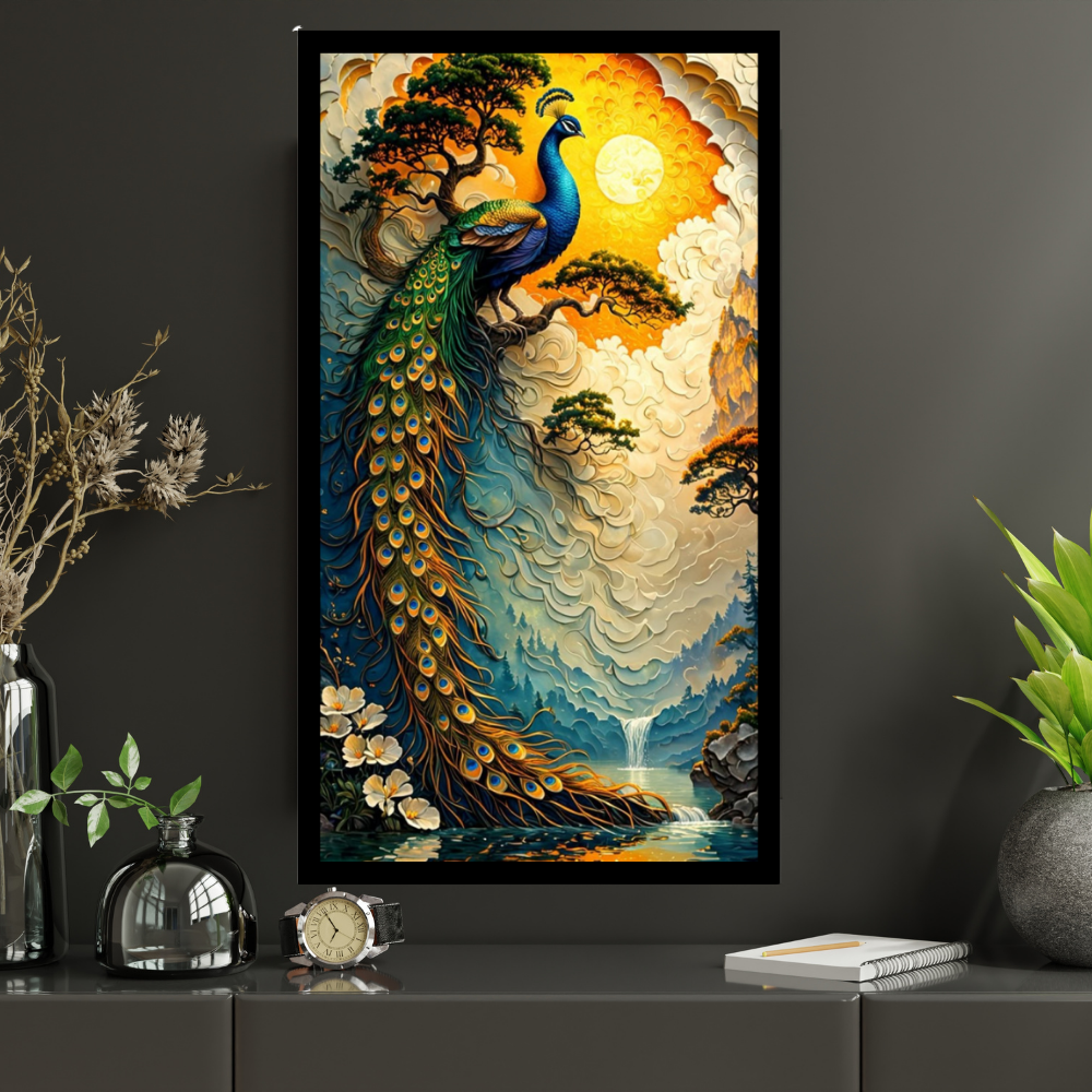 Majestic Peacock Nature Wall Art A4 2D Premium Glossy Frame – HD Landscape Poster with Waterfall & Golden Sunset | Luxury Bird Artwork for Living Room, Bedroom & Office Décor