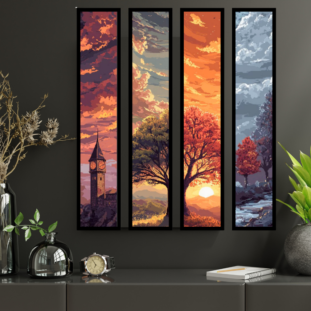 Landscape Wall Art Set of 4 A4 Premium 2D Glossy Framed Posters – Sunset, Autumn Tree, Clock Tower & Nature Sky Artwork | Modern Vertical Panel Wall Décor for Living Room, Bedroom & Office