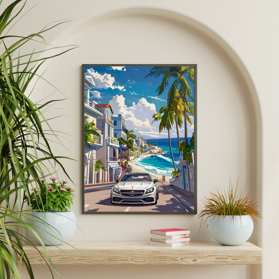 White Mercedes Framed Car Wall Art – Premium Automotive Decor for Car Enthusiasts