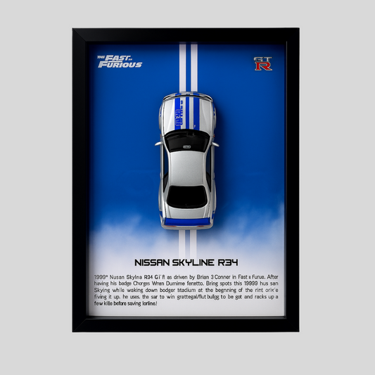 Fast & Furious Nissan Skyline R34 GT-R Diecast Car Frame 1:32 – 3D Wall Art for Collectors & Movie Fans