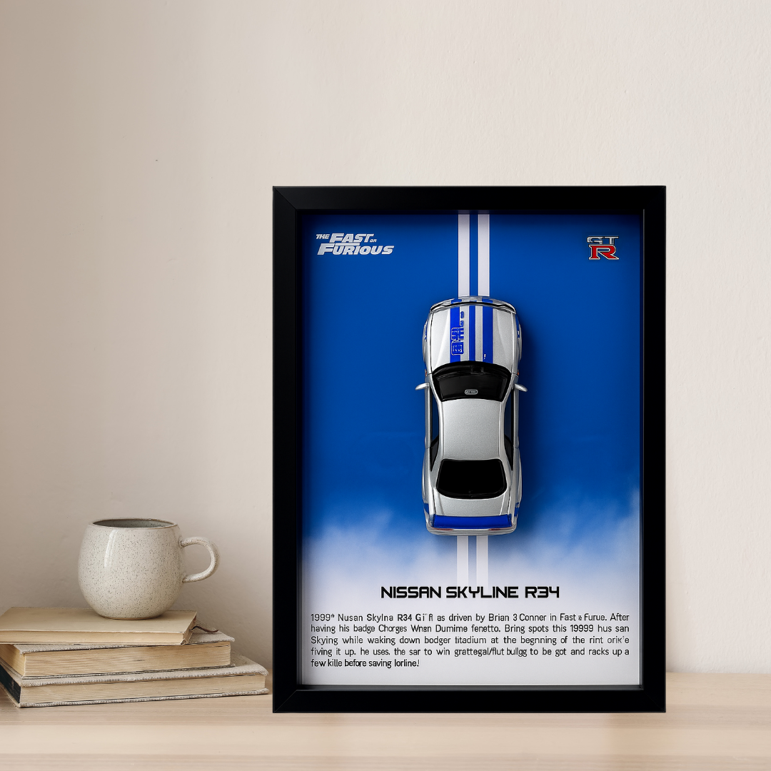 Fast & Furious Nissan Skyline R34 GT-R Diecast Car Frame 1:32 – 3D Wall Art for Collectors & Movie Fans