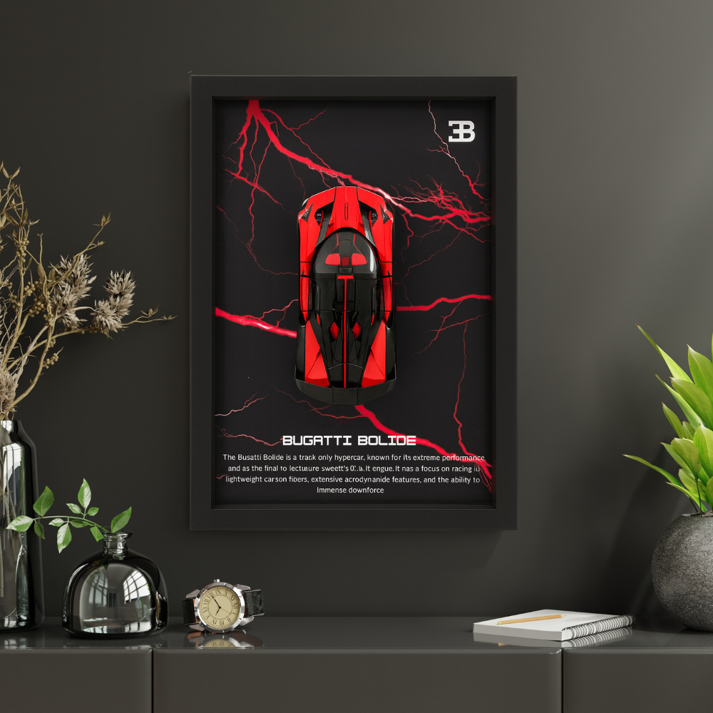 Premium Bugatti Bolide 3D Car Frame – Luxury 1:32 Scale Diecast Wall Art for Collectors & Supercar Enthusiasts | Modern Decorative Car Frame