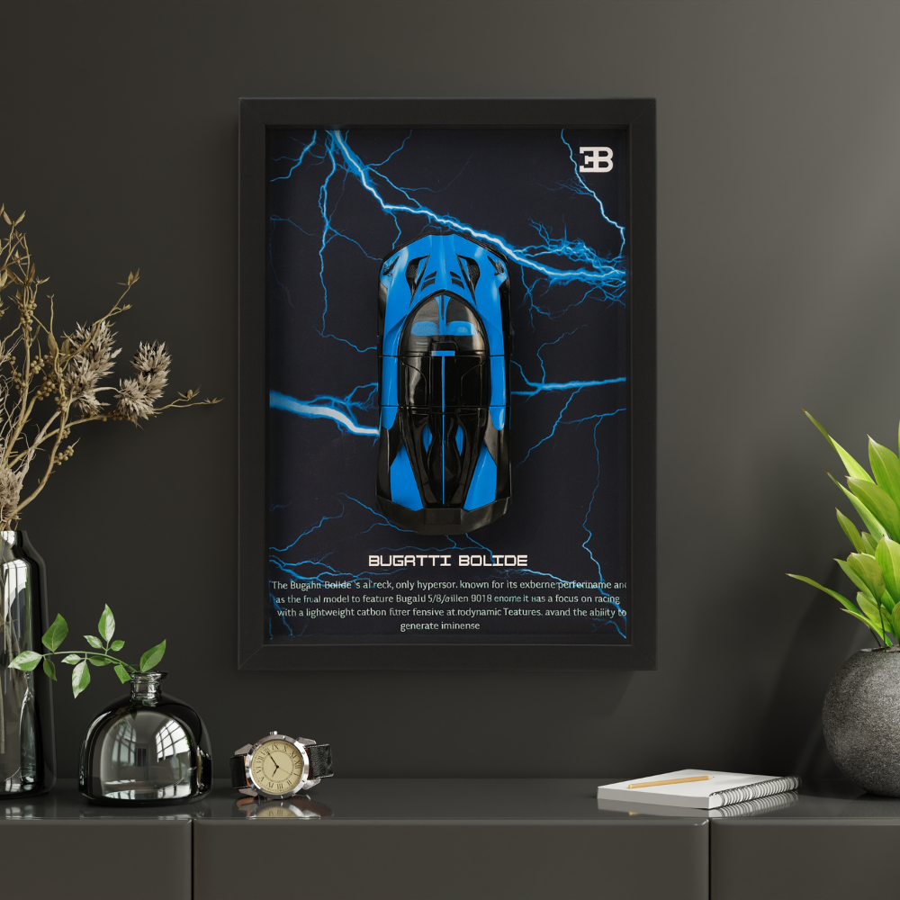Premium Bugatti Bolide 3D Car Frame – Luxury 1:32 Scale Diecast Wall Art for Collectors & Supercar Enthusiasts | Modern Decorative Car Frame