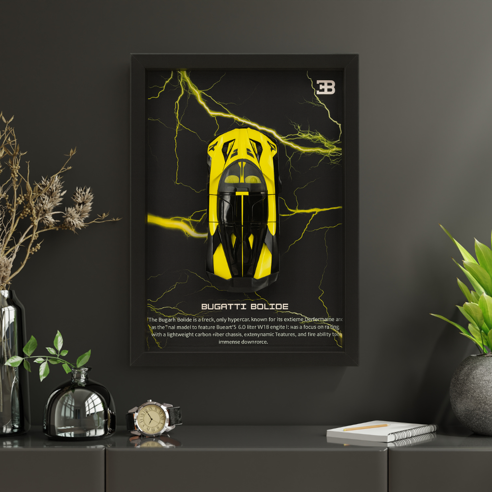 Premium Bugatti Bolide 3D Car Frame – Luxury 1:32 Scale Diecast Wall Art for Collectors & Supercar Enthusiasts | Modern Decorative Car Frame