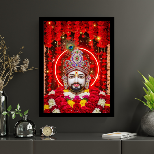 Shri Khatu Shyam Ji Red Aura Golden Crown Frame | HD Gloss Finish Devotional Wall Art | Premium Hindu Religious Photo Frame for Home Mandir, Pooja Room & Office