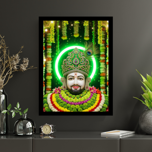 Shri Khatu Shyam Ji Green Aura Golden Crown Wall Frame | HD Gloss Finish Devotional Wall Art | Premium Hindu Religious Photo Frame for Home Mandir, Pooja Room & Office