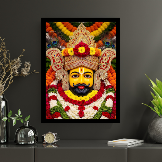 Shri Khatu Shyam Ji Floral Golden Mukut Wall Frame | HD Gloss Finish Devotional Photo | Premium Hindu Religious Wall Art for Home Mandir, Pooja Room & Office
