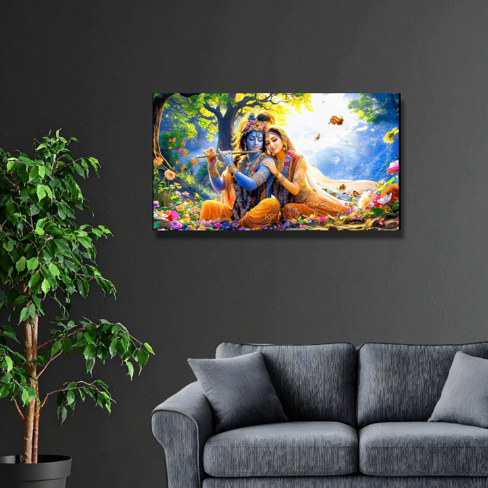 Premium Glossy Aluminium Metal Poster – Radha Krishna Flute Artwork | HD Hindu Spiritual Wall Decor for Home Temple, Living Room, Bedroom & Meditation Space | Waterproof, Fade-Proof Devotional Wall Frame