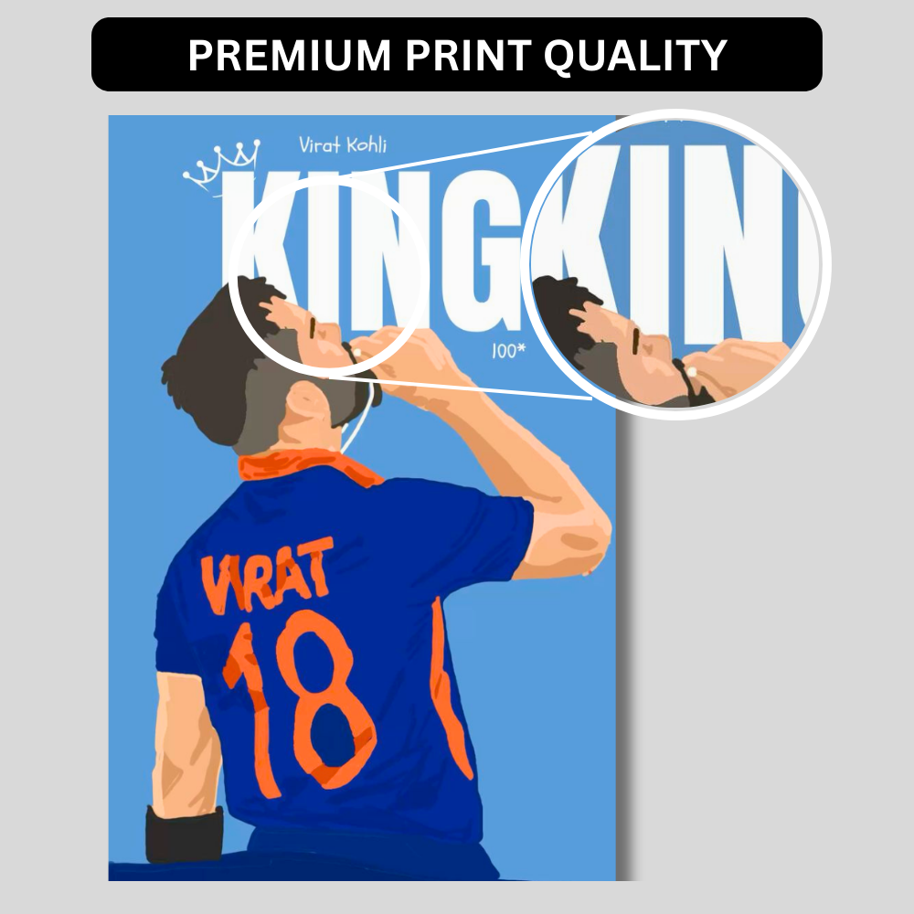 Premium Aluminium Glossy Frame | Virat Kohli KING Poster for Wall | Metal Poster for Room Decor | Cricket Wall Art for Bedroom, Office & Home Decor | Ultra HD Print | 12x18 / 18x24 / 24x36