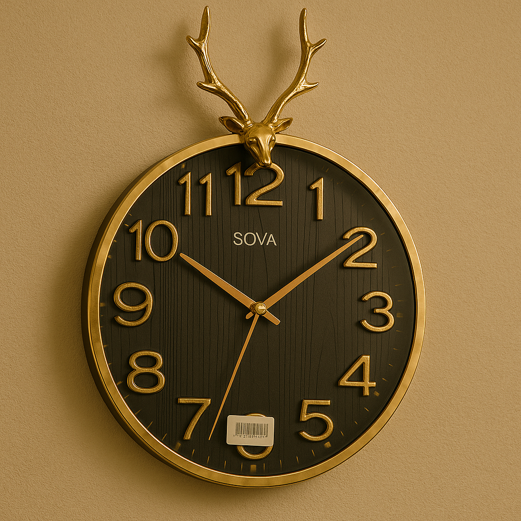 Luxury Antler Wall Clock – Black & Gold Designer Deer Head Timepiece for Home Décor