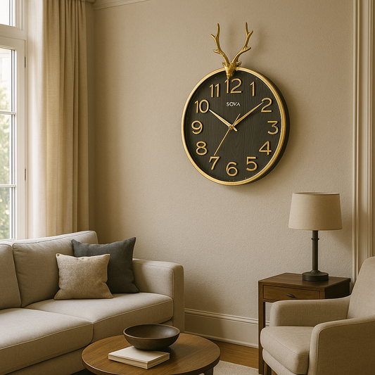 Luxury Antler Wall Clock – Black & Gold Designer Deer Head Timepiece for Home Décor