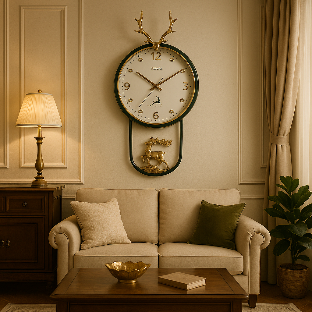 Luxury Antler Wall Clock with Golden Deer Figurine